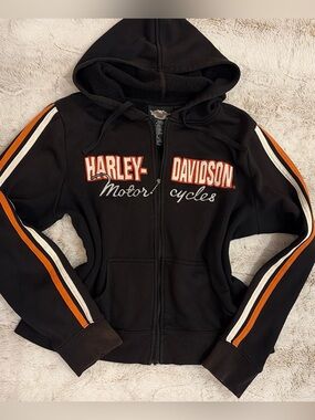 Vintage Harley-Davidson Black Full Zip Hoodie 🖤 Biker Y2K Grunge Striped Large